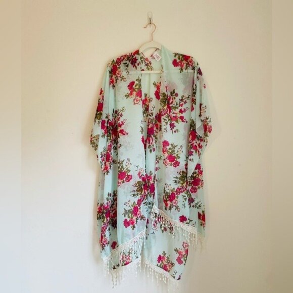 Mint Green & Pink Floral Kimono With Fringe Hem OSFM 100% Polyester By Walmart - Picture 1 of 5